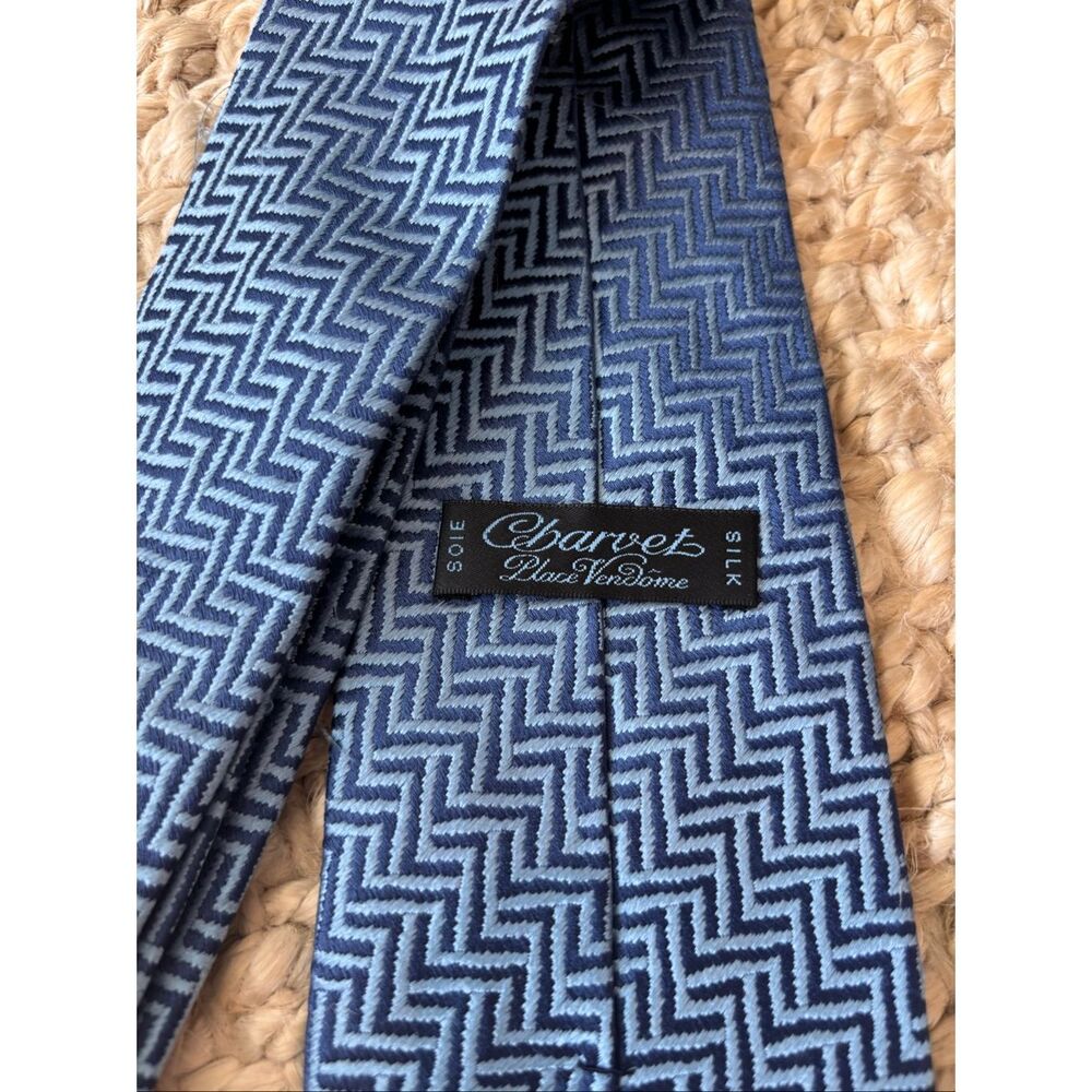 Charvet Paris Blue Geometric Silk Tie | Luxury French Designer Necktie | Chevron - Picture 4 of 7